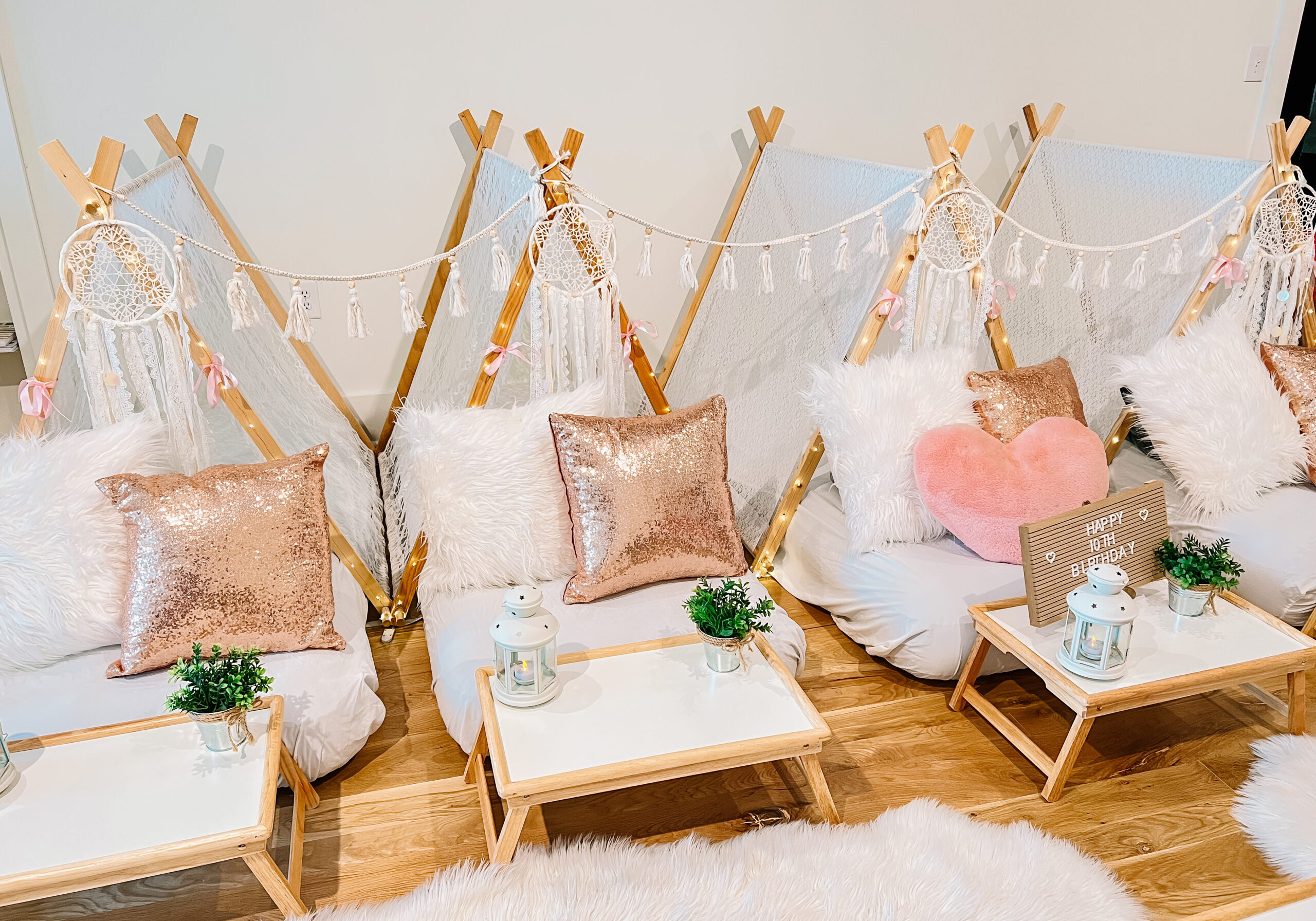 white lace slumber party tent theme in Nashville, TN